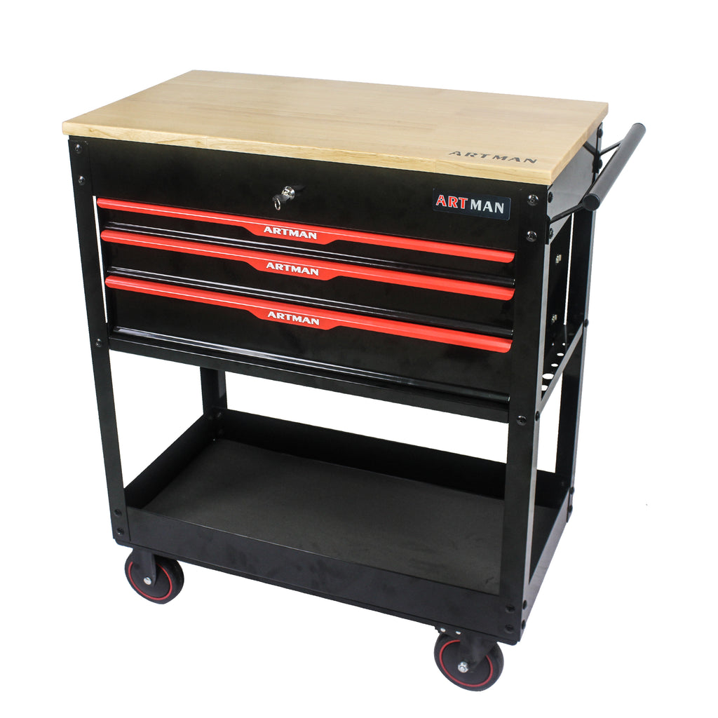 3-Drawer Rolling Tool Cart with Wooden Top and Adjustable Shelf – image 10
