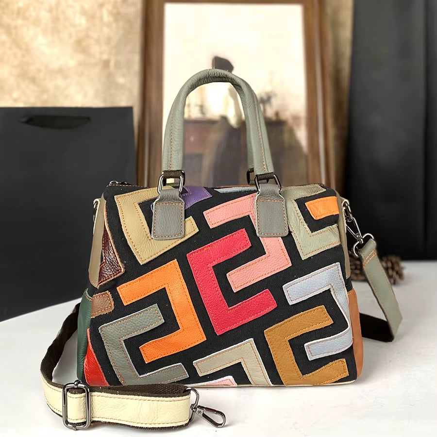 Genuine Leather Tote Crossbody Bag, Colorblock Cowhide Handbag for Women – image 2