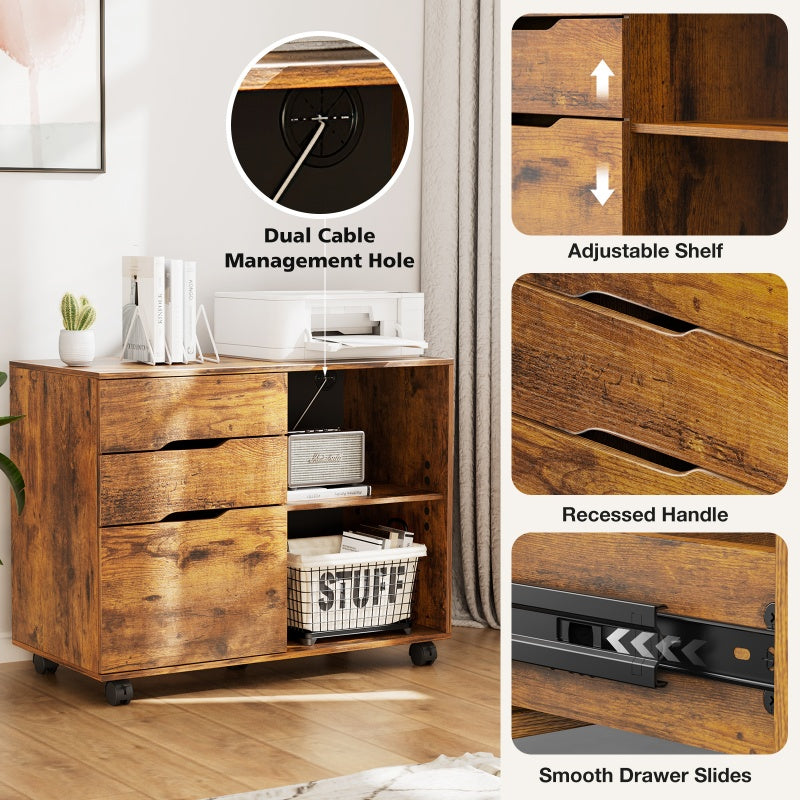 3-Drawer Rolling Lateral File Cabinet with Open Shelves and Printer Top