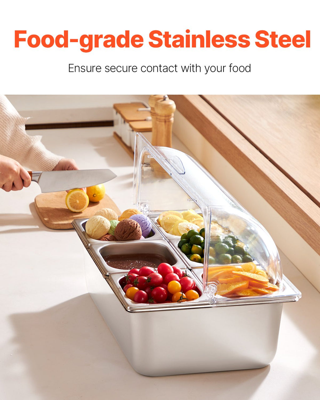 6 Pan Countertop Condiment Server With Clear Roll Top Lid – image 3