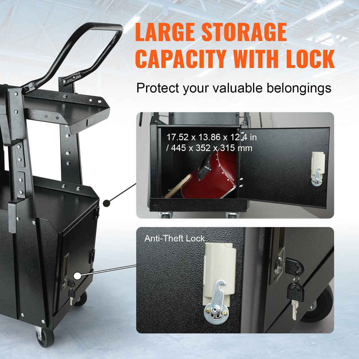 Welding Cart 2-Tier with Lockable Cabinet, 265 Lb, Swivel Wheels