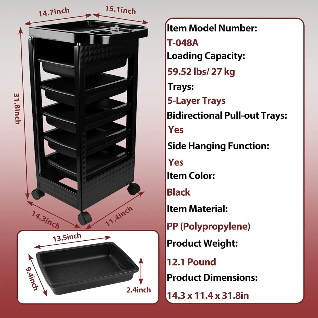 Salon Rolling Cart – 5-Drawer Beauty Trolley with Wheels, Black – image 2