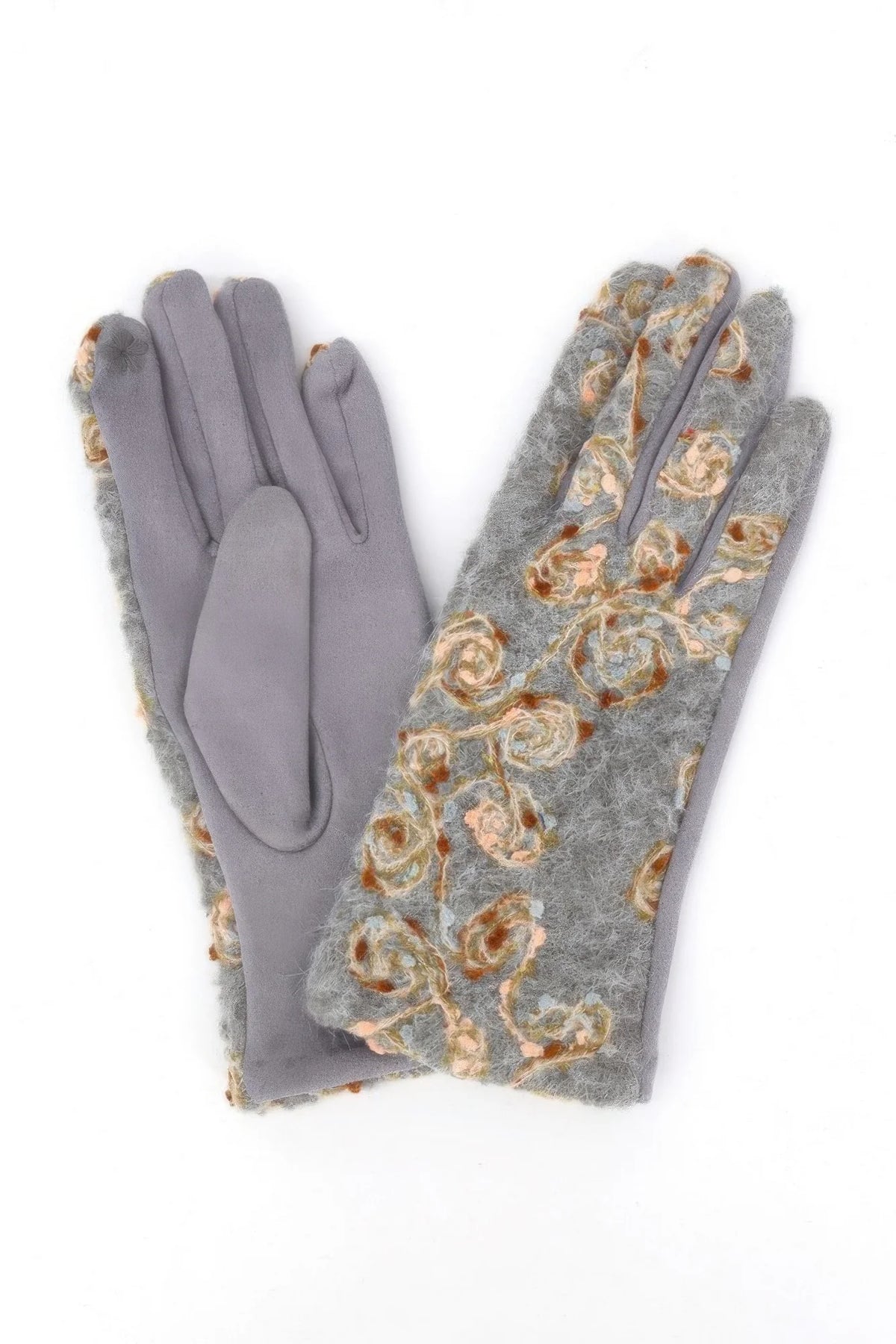 Floral Embroidered Touchscreen Gloves – Suede-Lined Winter Gloves