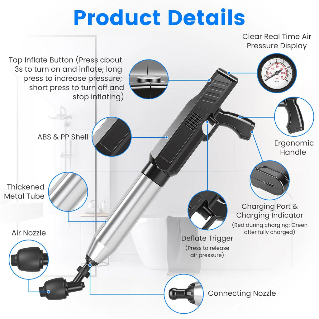 Electric Toilet Plunger - Rechargeable Air Drain Blaster with Gauge – image 10