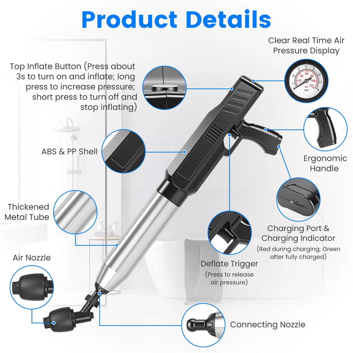 Electric Toilet Plunger - Rechargeable Air Drain Blaster with Gauge – image 10