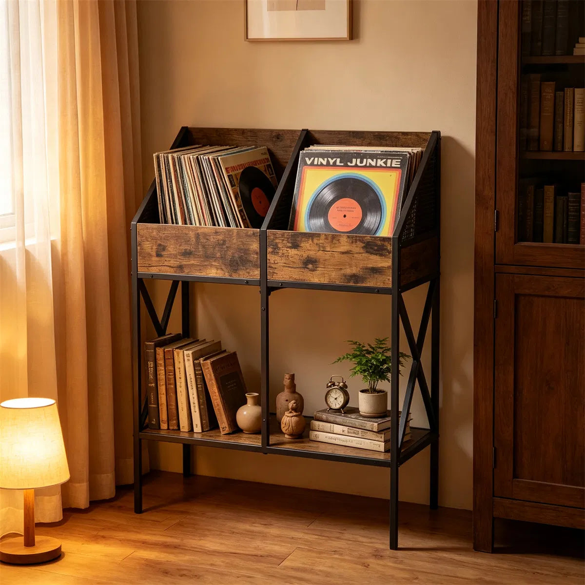 2-Tier Vinyl Record Storage Rack, Industrial Wood and Metal Stand – image 11
