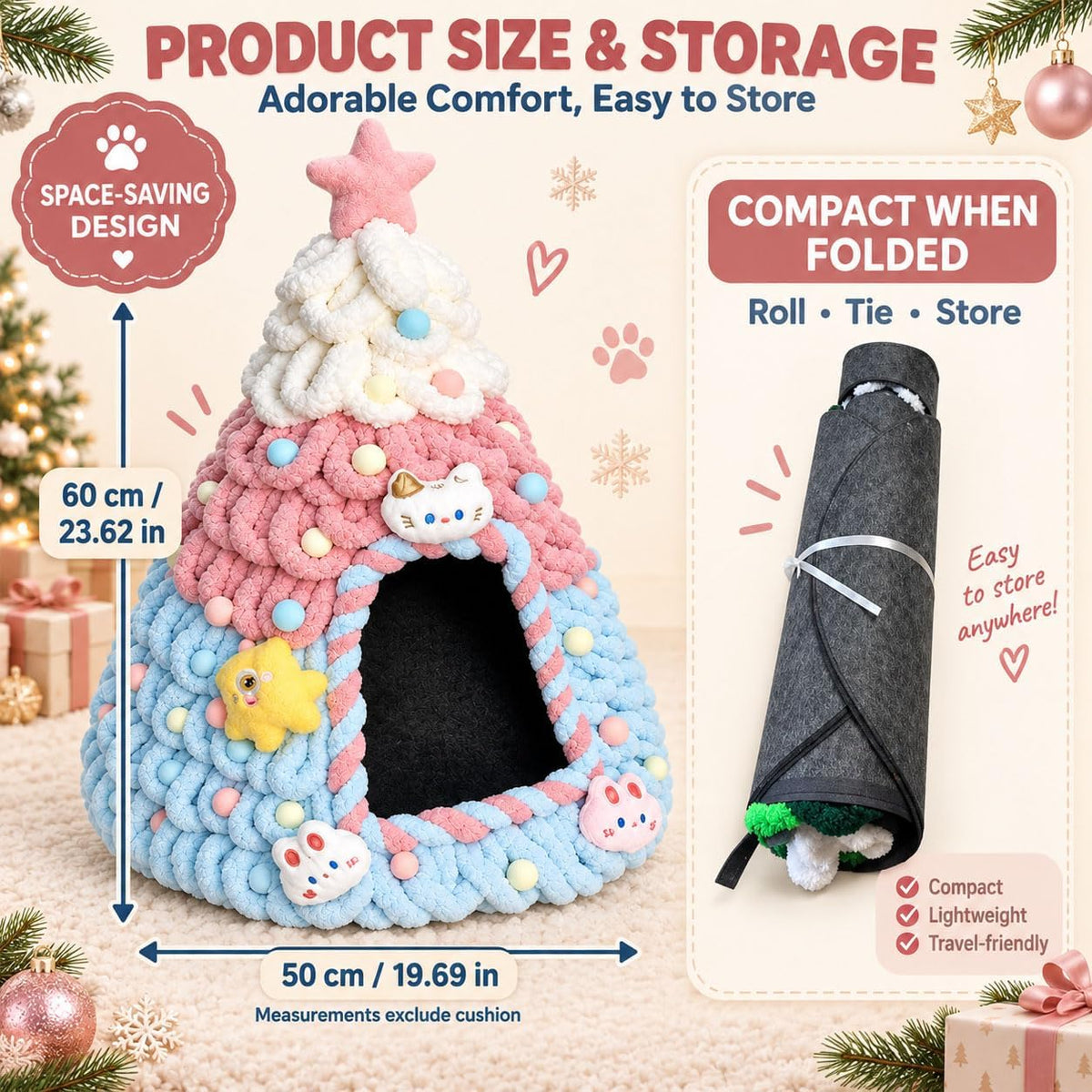Cat Bed Cave, Christmas Tree Shape with Felt and Gauze, Pink – image 2