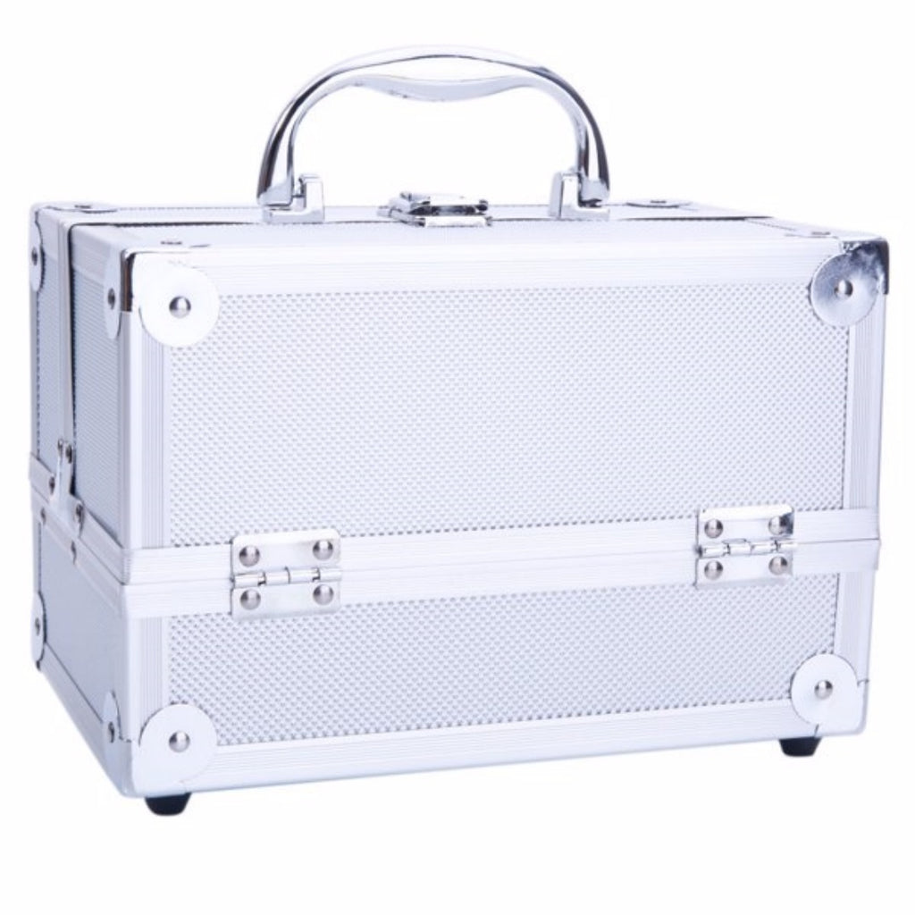 Aluminum Makeup Train Case with Mirror and Fold-Out Trays, Silver – image 10
