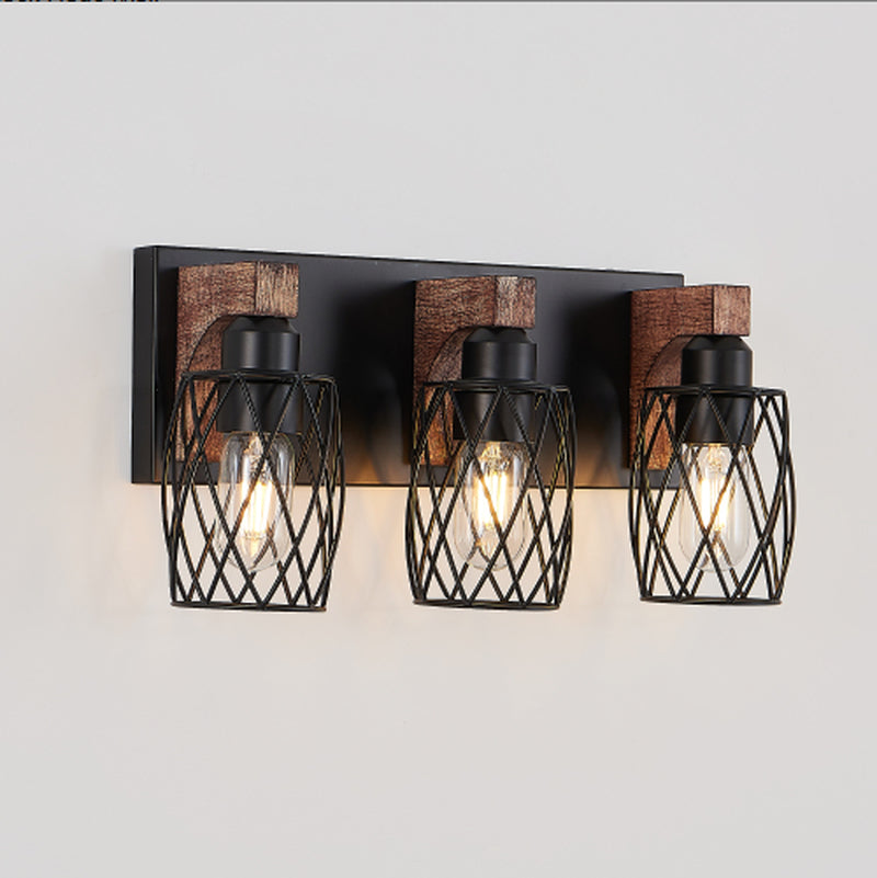 Industrial 3-Light Cage Wall Sconce with Wood Accents 18 Inch