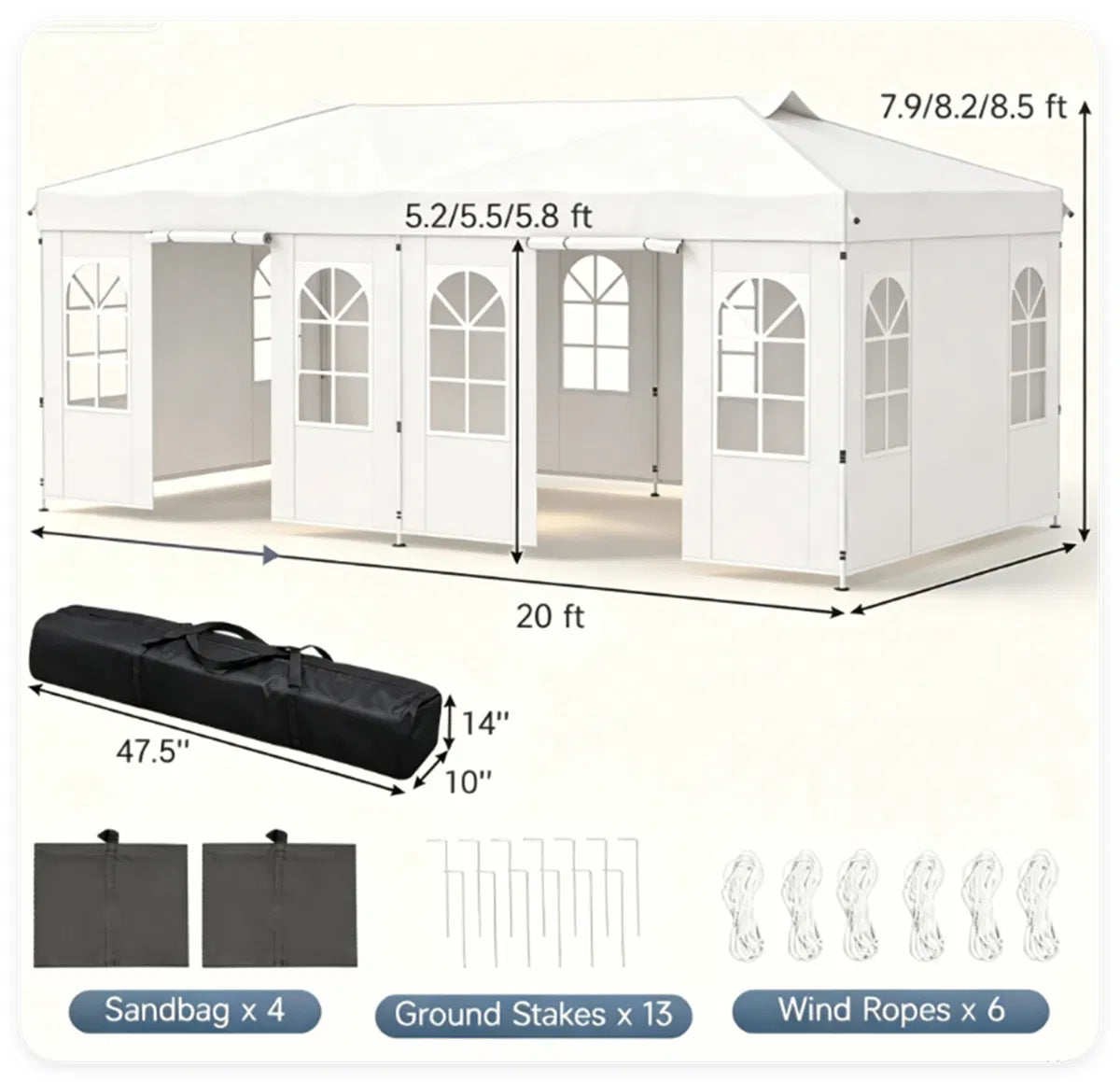10 x 20 ft Pop Up Canopy Tent with Sidewalls, 3 Height Settings – image 9
