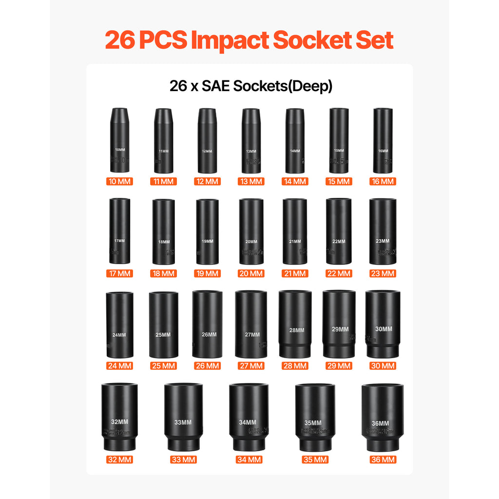 Impact Socket Set 1/2 in Drive, 26-Piece Metric 10-36mm with Case – image 3