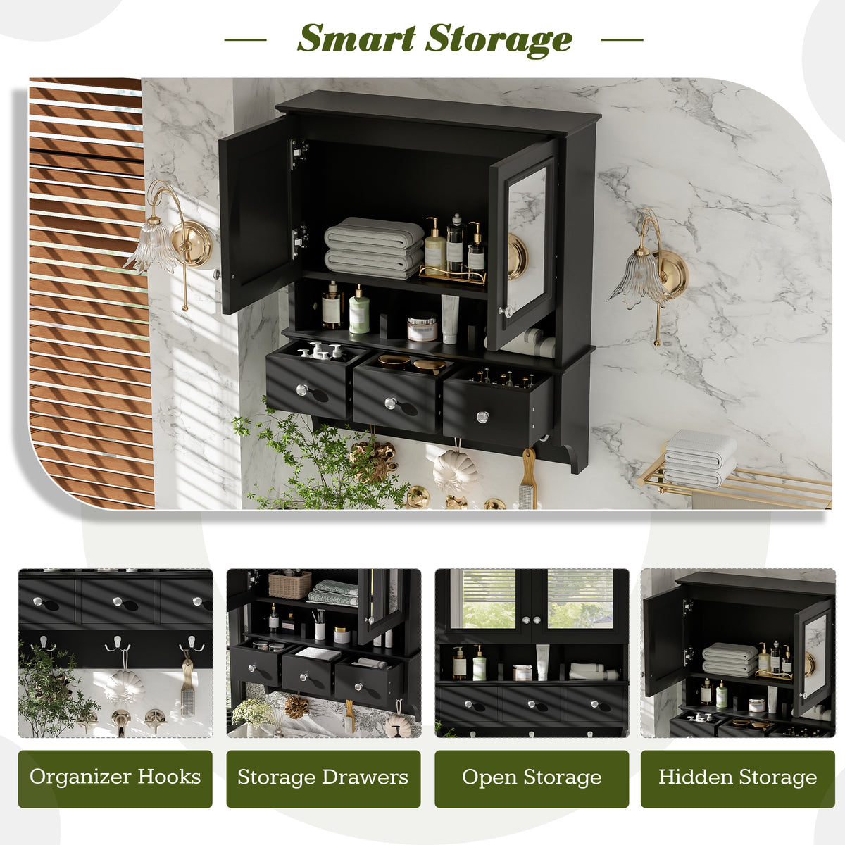 4-in-1 Bathroom Mirror Cabinet 24 in with Drawers and Hooks, Black – image 5