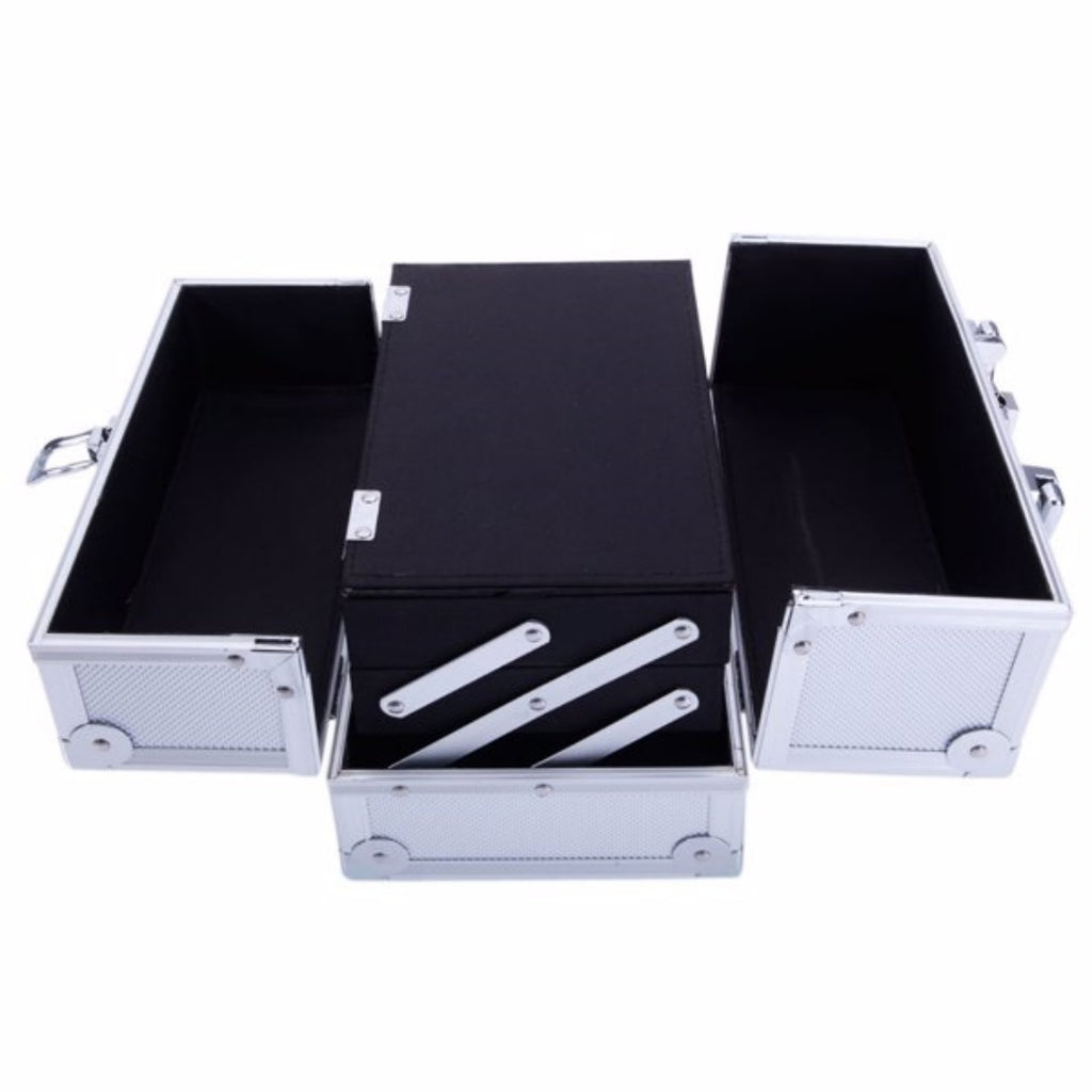 Aluminum Makeup Train Case with Mirror and Fold-Out Trays, Silver – image 11