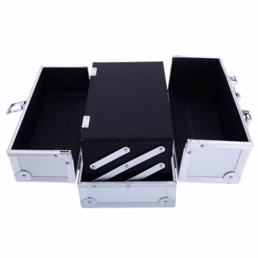 Aluminum Makeup Train Case with Mirror and Fold-Out Trays, Silver – image 11
