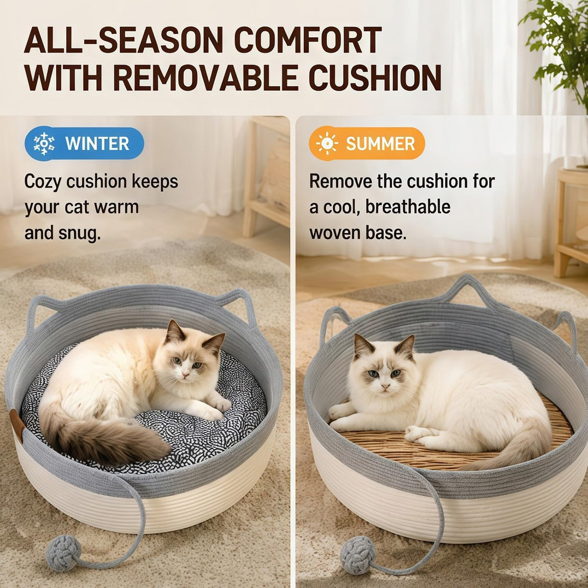 Cat Basket Bed – Handwoven Cotton Rope Nest with Cushion – image 4