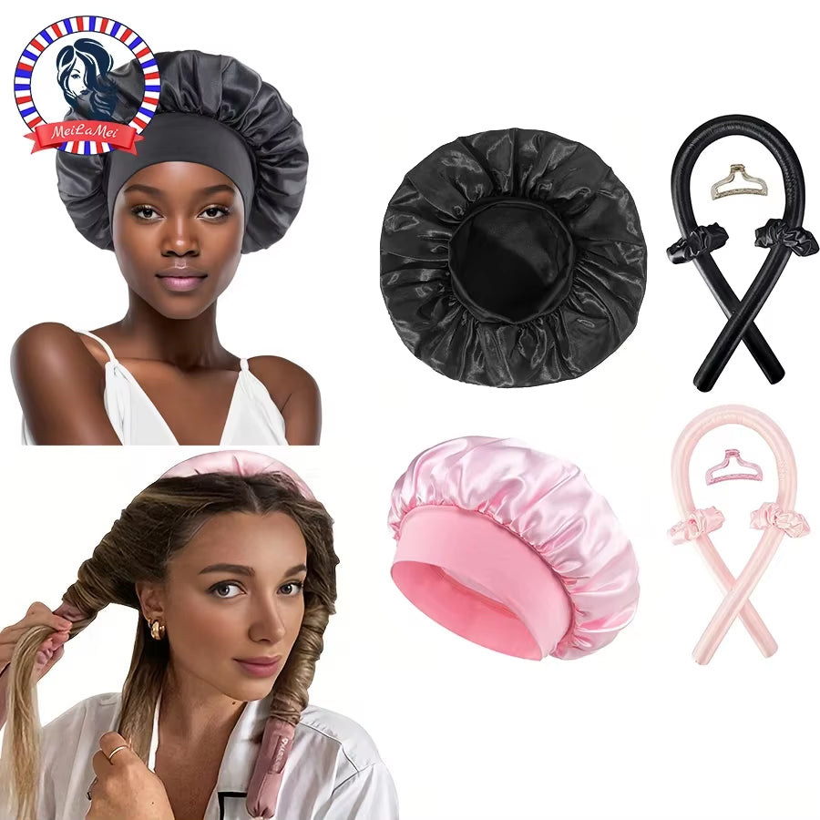 Heatless Hair Curler Set – Satin Sleep Cap & Clips – image 2