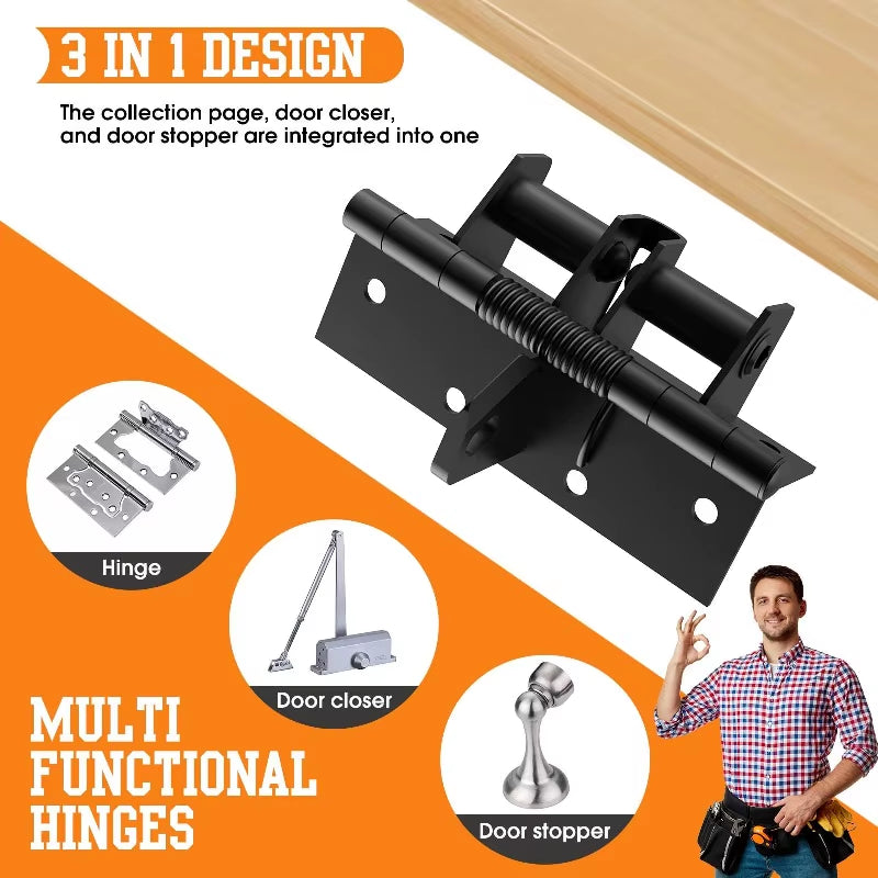 Self Closing Hidden Door Hinge 3-In-1 - Heavy Duty Automatic Door Closer with 90 Degree Stop