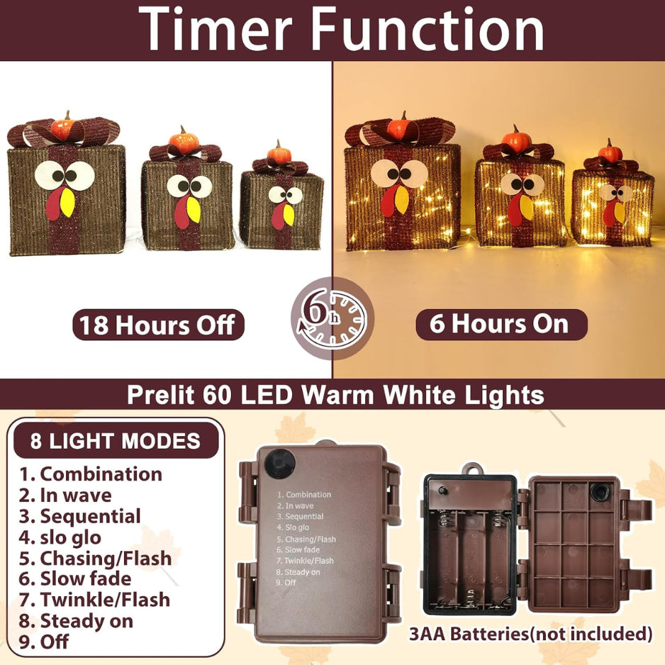 Lighted Thanksgiving Turkey Gift Boxes, Set of 3 with Timer – image 3