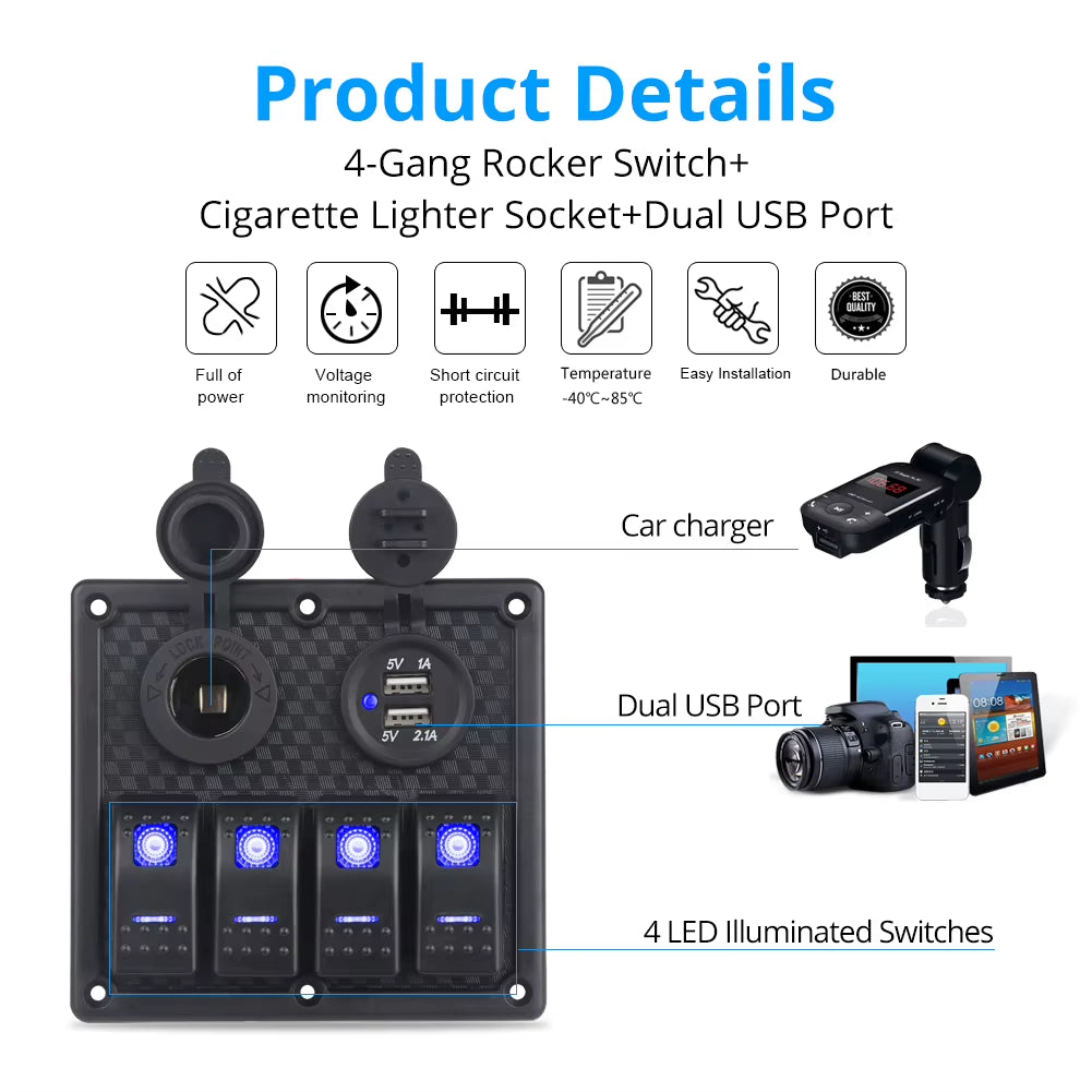 4 Gang Rocker Switch Panel with Dual USB, 12V Waterproof Marine Panel – image 3