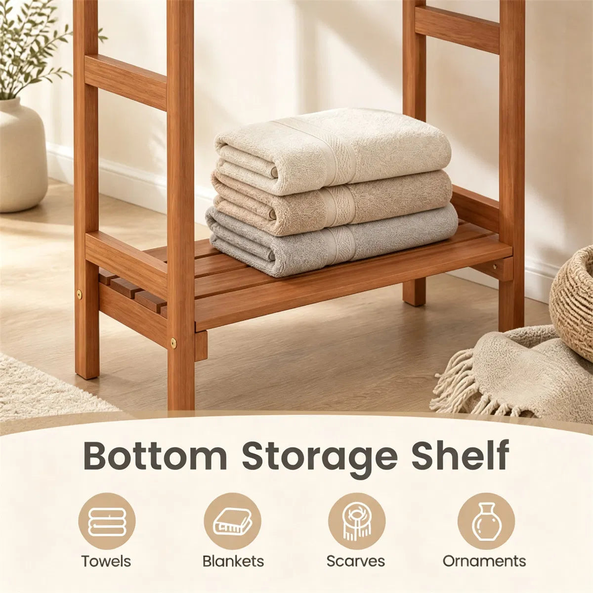 Blanket Stand Hardwood Freestanding with 3 Bars & Bottom Shelf – image 3