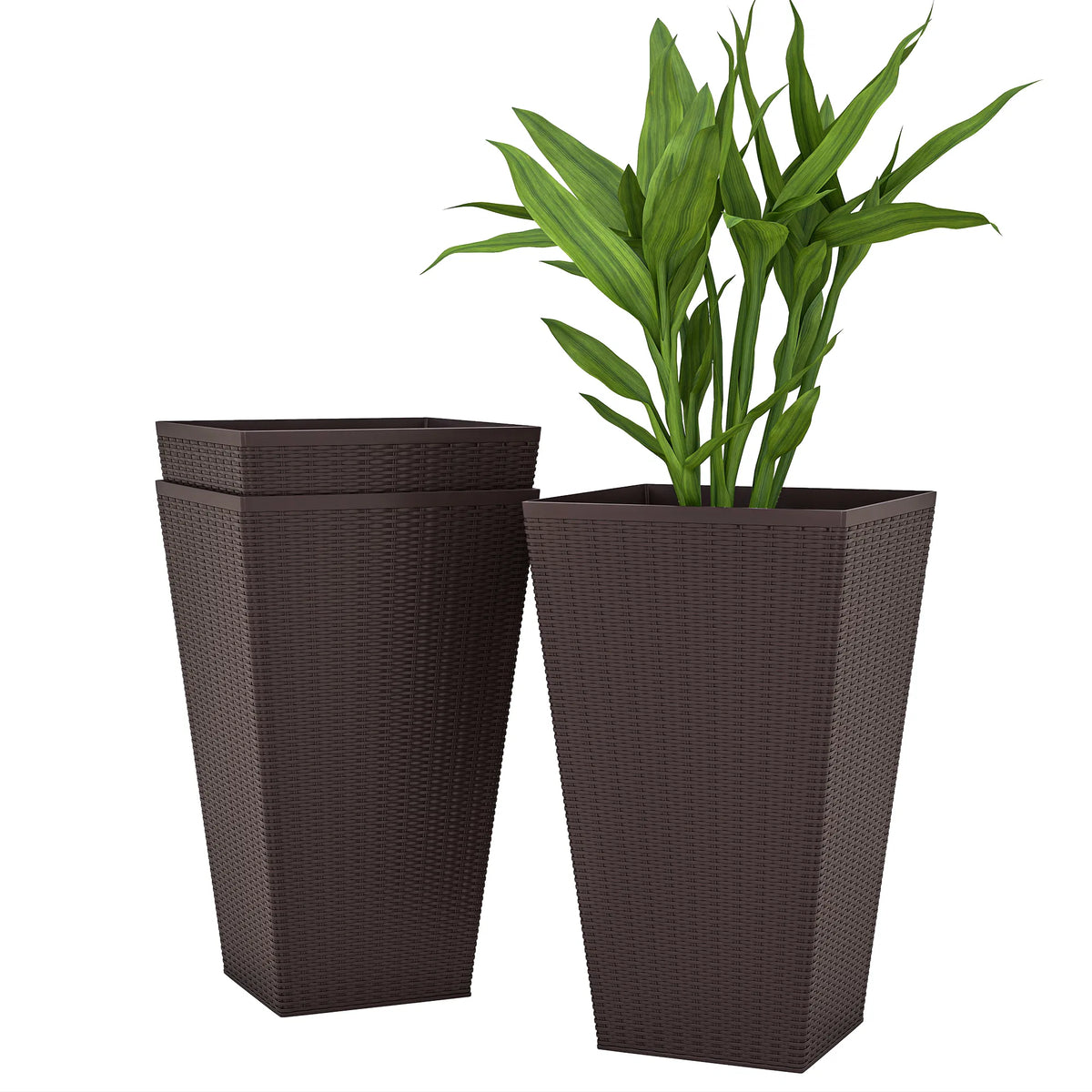 Tall Outdoor Planters Set of 3, 24 in Rattan-Look Self-Draining Pots – image 2