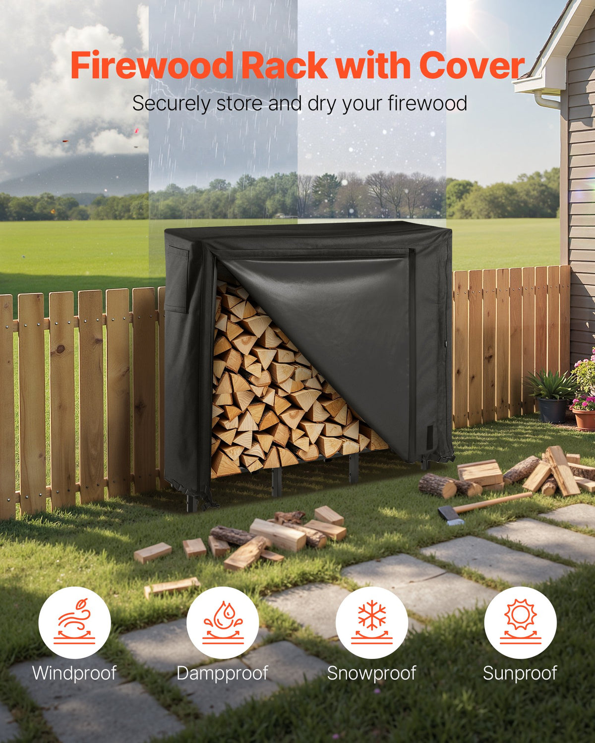 Outdoor Firewood Rack 4 Ft with Waterproof Cover, 1/4 Cord – image 2