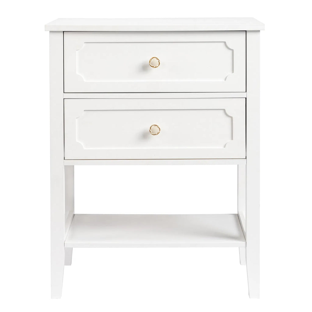 Solid Pine Wood Nightstand with 2 Drawers and Shelf, White – image 3
