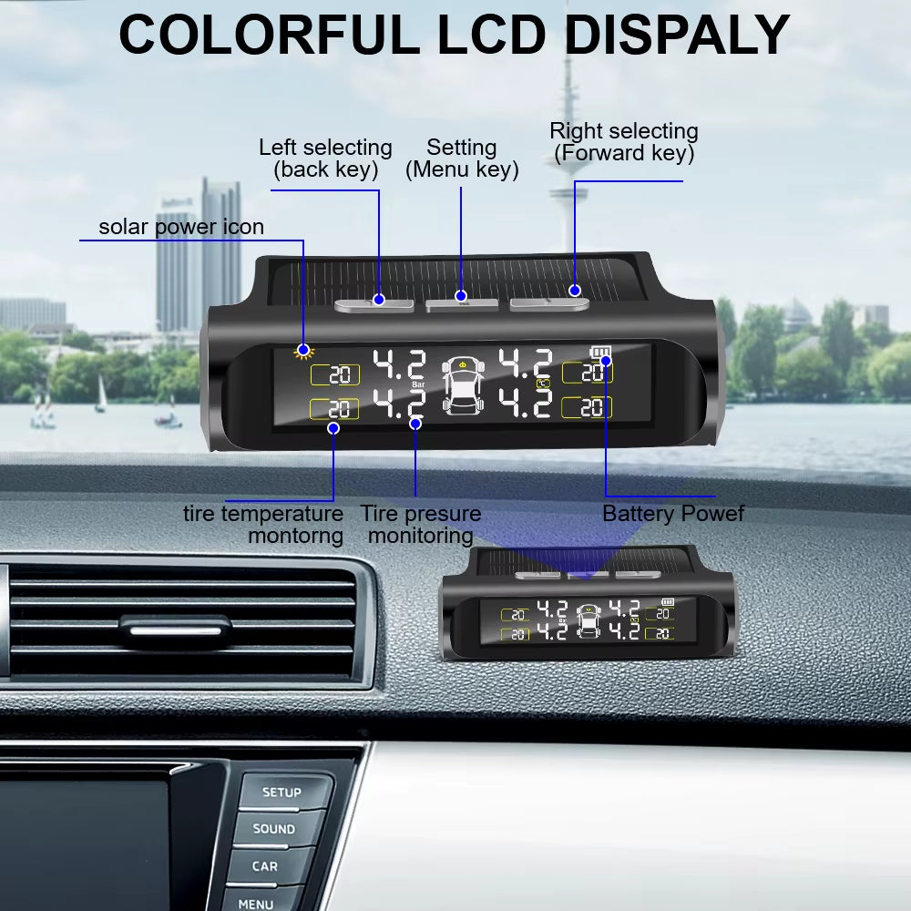 Solar Tire Pressure Monitoring System - Wireless TPMS with LCD Display & Alarm