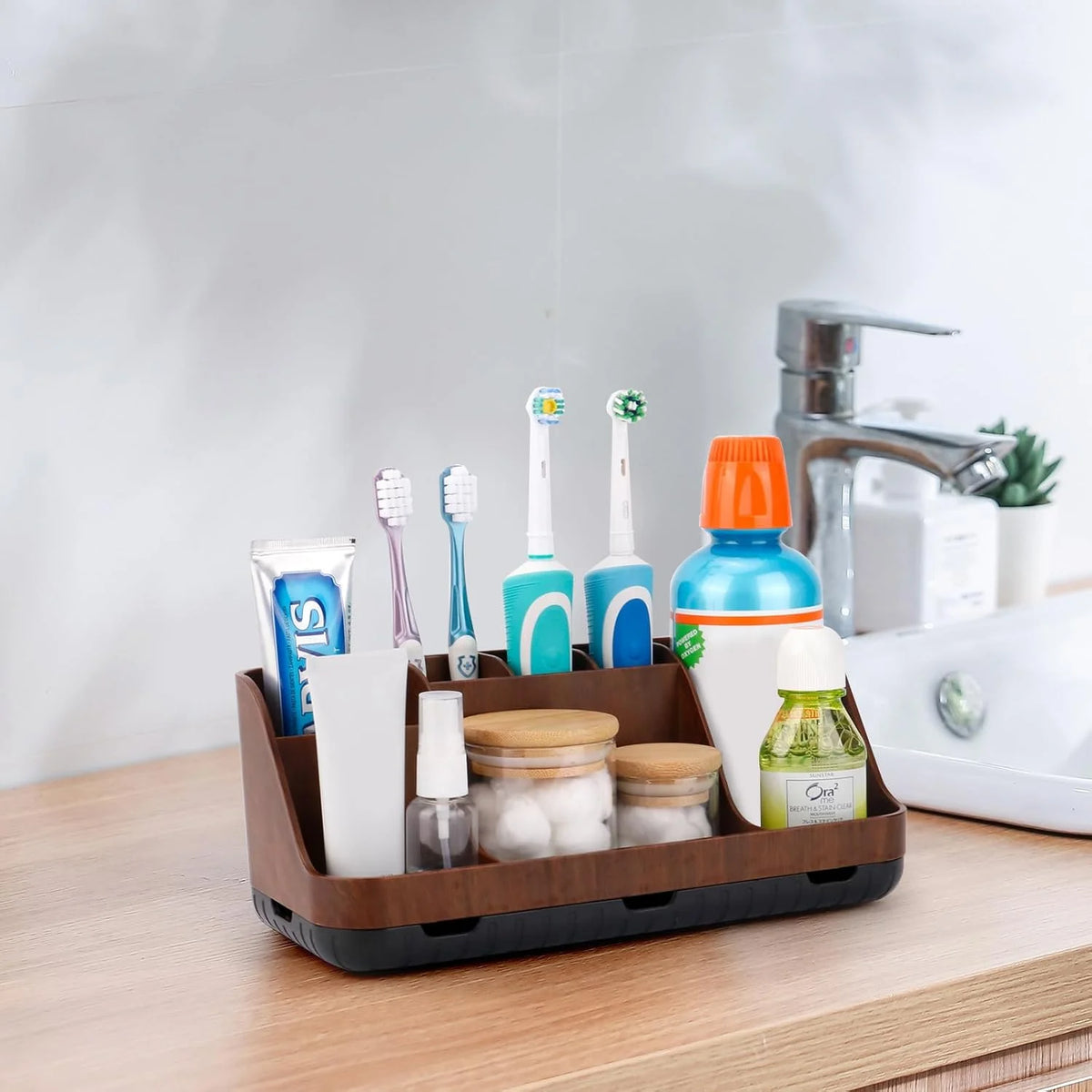 Wood Toothbrush Holder, 7 Slot Bathroom Countertop Organizer – image 6