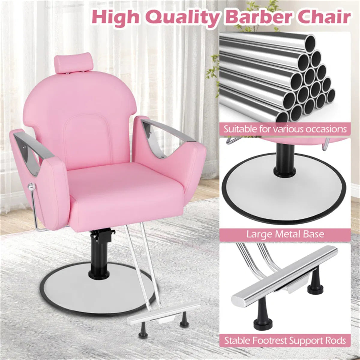 Pink Reclining Barber Chair with Adjustable Headrest – image 9