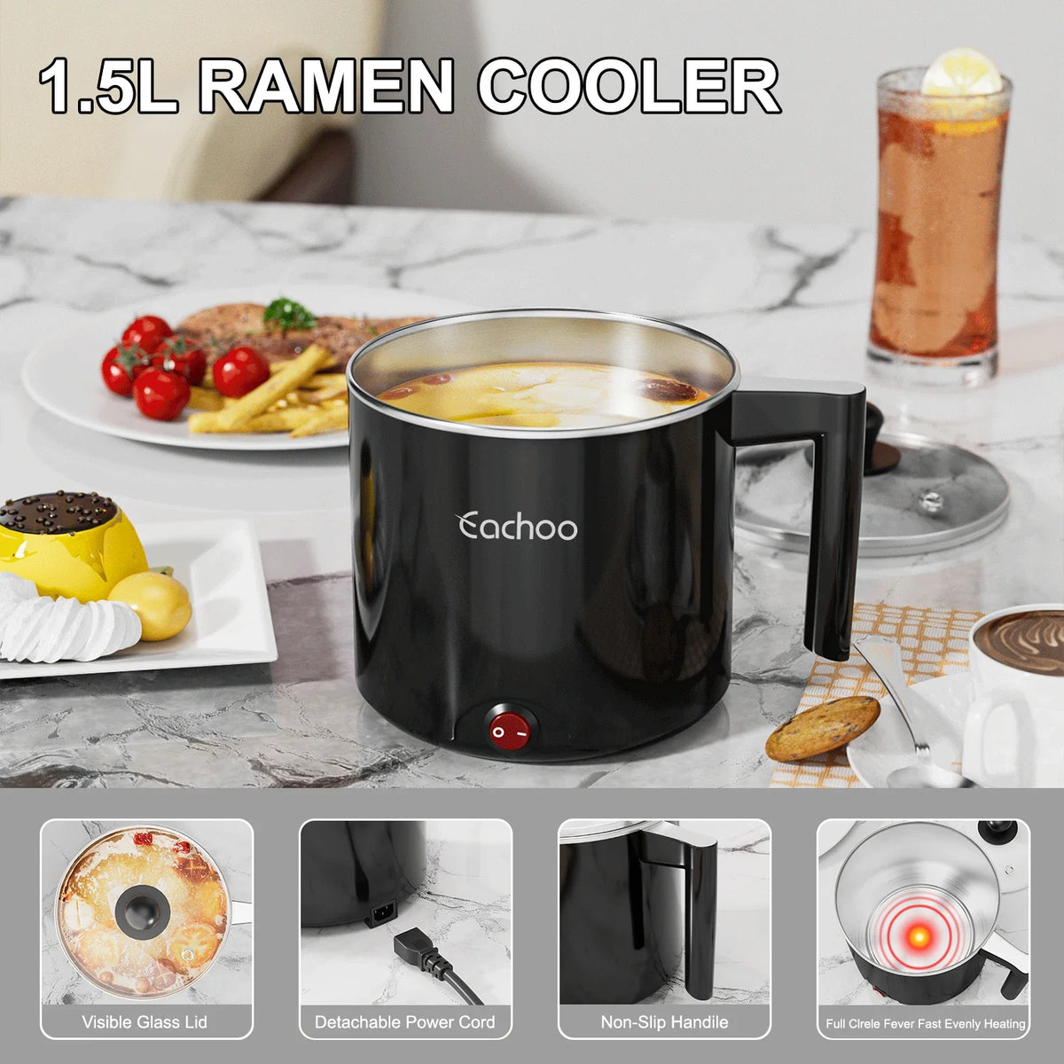 Electric Hot Pot 1.5L, 600W Mini Cooker with Stainless Steel Pot – image 3
