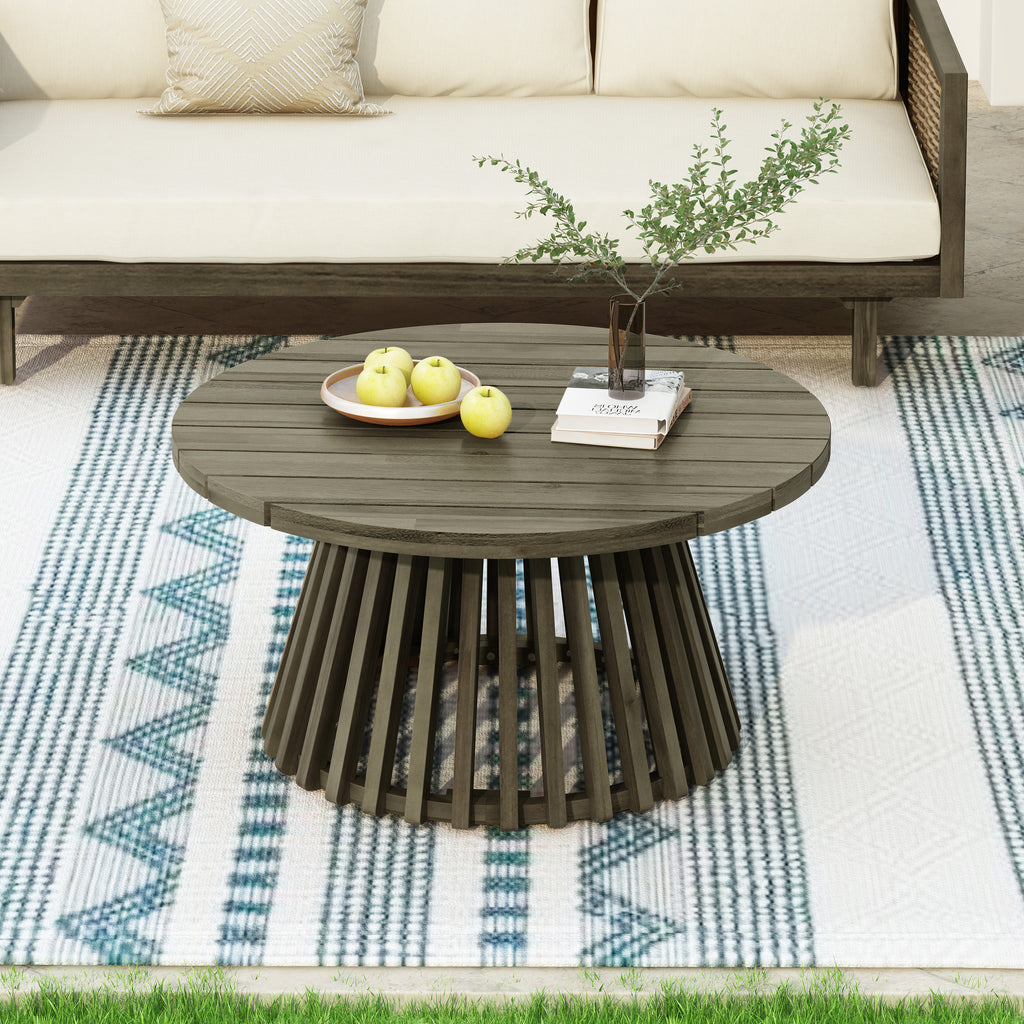Outdoor Acacia Wood Round Coffee Table, 31.5 in, Grey Finish