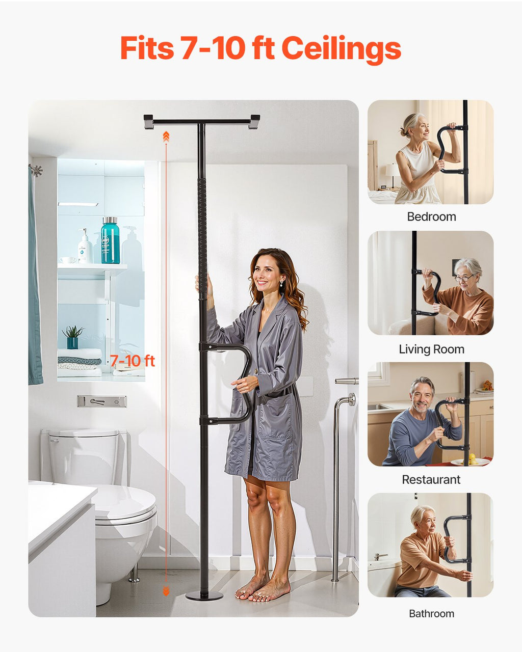 Floor-to-Ceiling Tension Support Pole with Curved Grab Handle, 7–10 ft – image 2