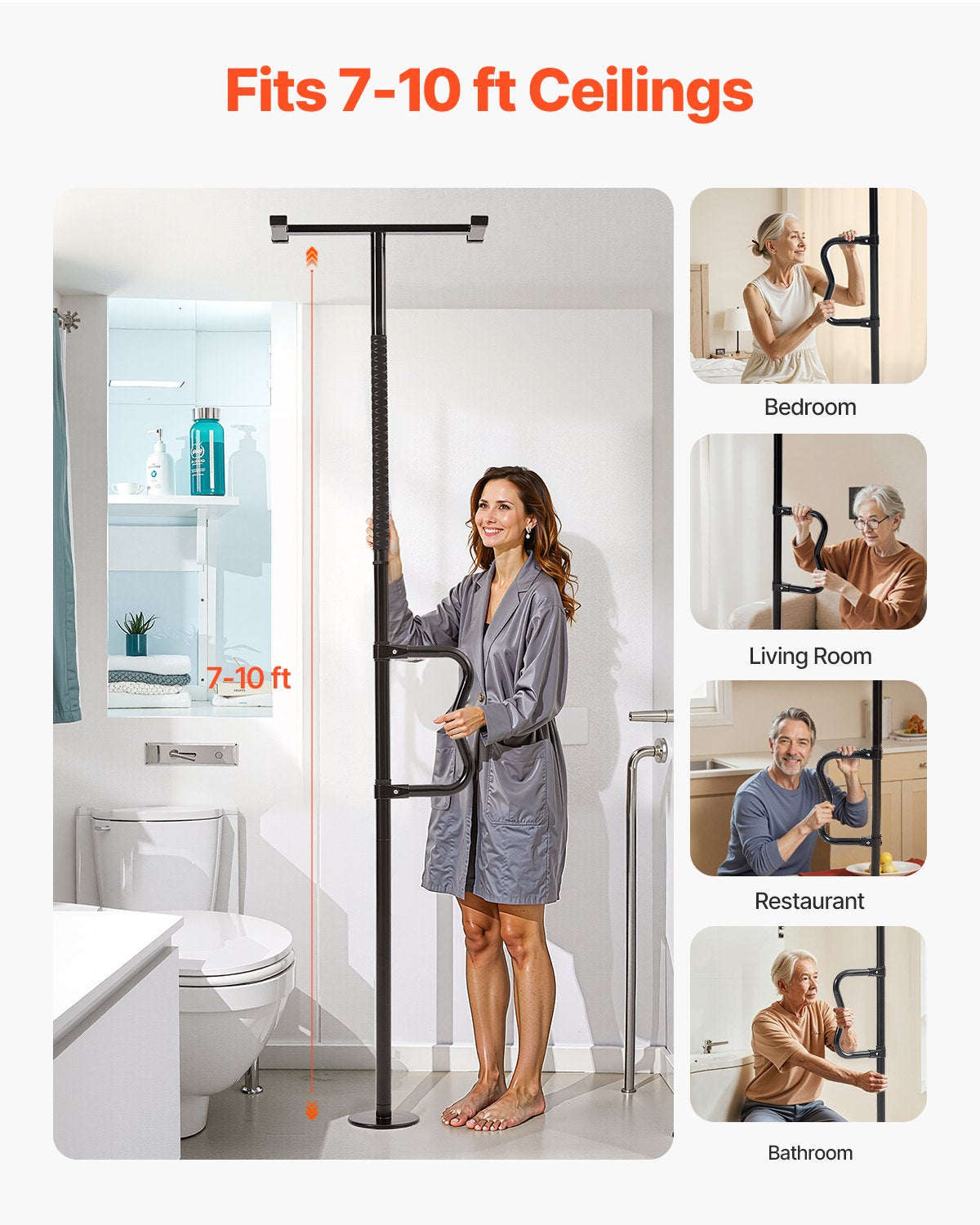 Floor-to-Ceiling Tension Support Pole with Curved Grab Handle, 7–10 ft – image 2