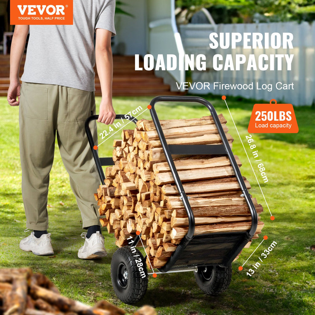 Firewood Log Cart, 250 Lbs Capacity, Outdoor and Indoor Wood Rack Storage Mover with PU Wheels Waterproof Cloth, Heavy Duty Steel Dolly Hauler, Firewood Carrier for Fireplace, Fire Pit, Black