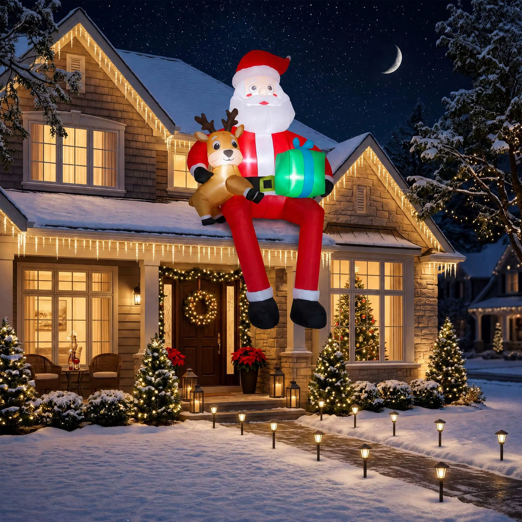 9.5 Ft Inflatable Sitting Santa with Reindeer and Gifts