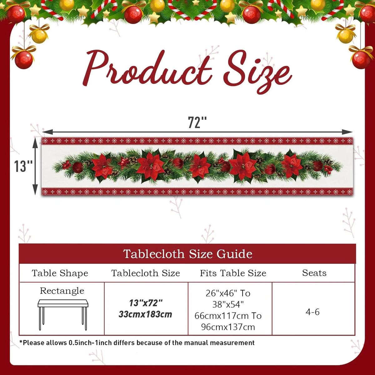 Watercolor Poinsettia Christmas Table Runner 13 x 72 In – image 8