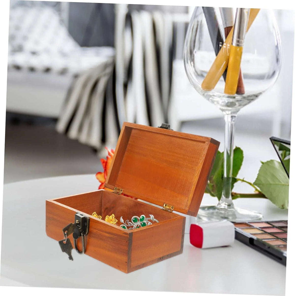 Wooden Jewelry Box, Vintage Treasure Chest with Lock, 9.8 x 7.7 in – image 6