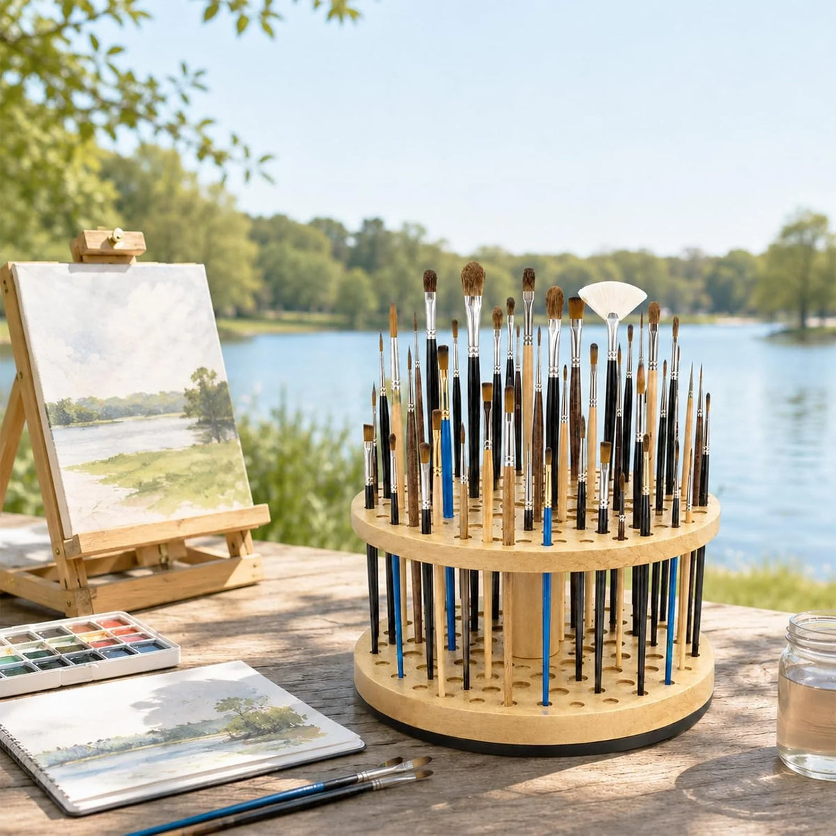 Rotating Pen Holder, 72-Hole Wooden Desk Organizer – image 4