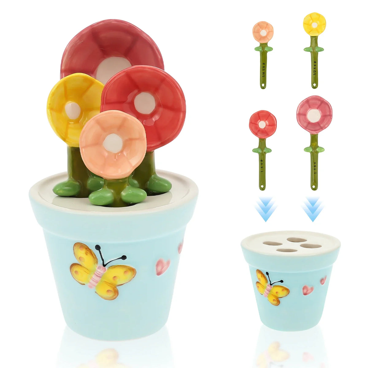 Ceramic Measuring Spoons - 4 Piece Flower Set with Base