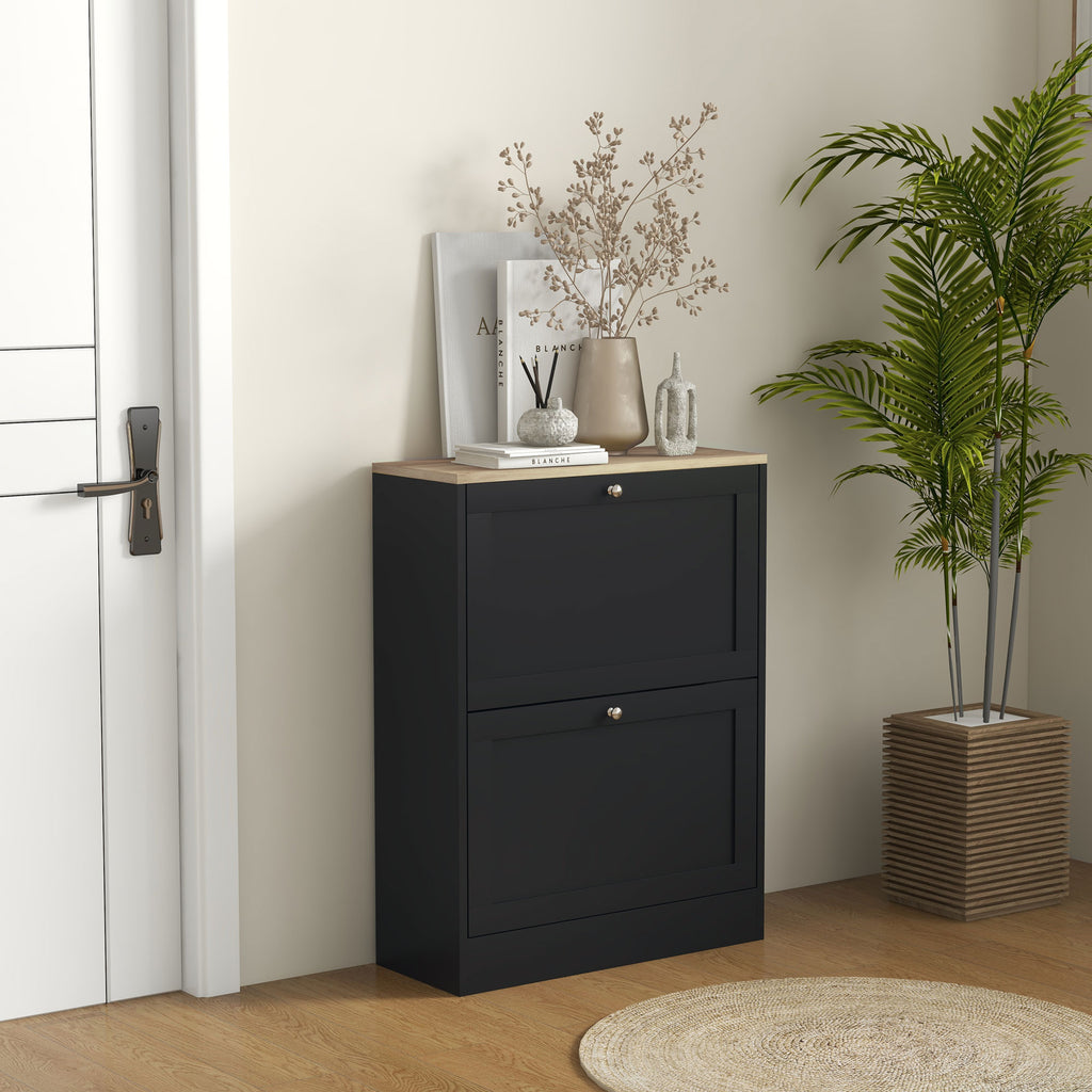 Slim Shoe Cabinet with 2 Flip Drawers for 8-12 Pairs, Black – image 2