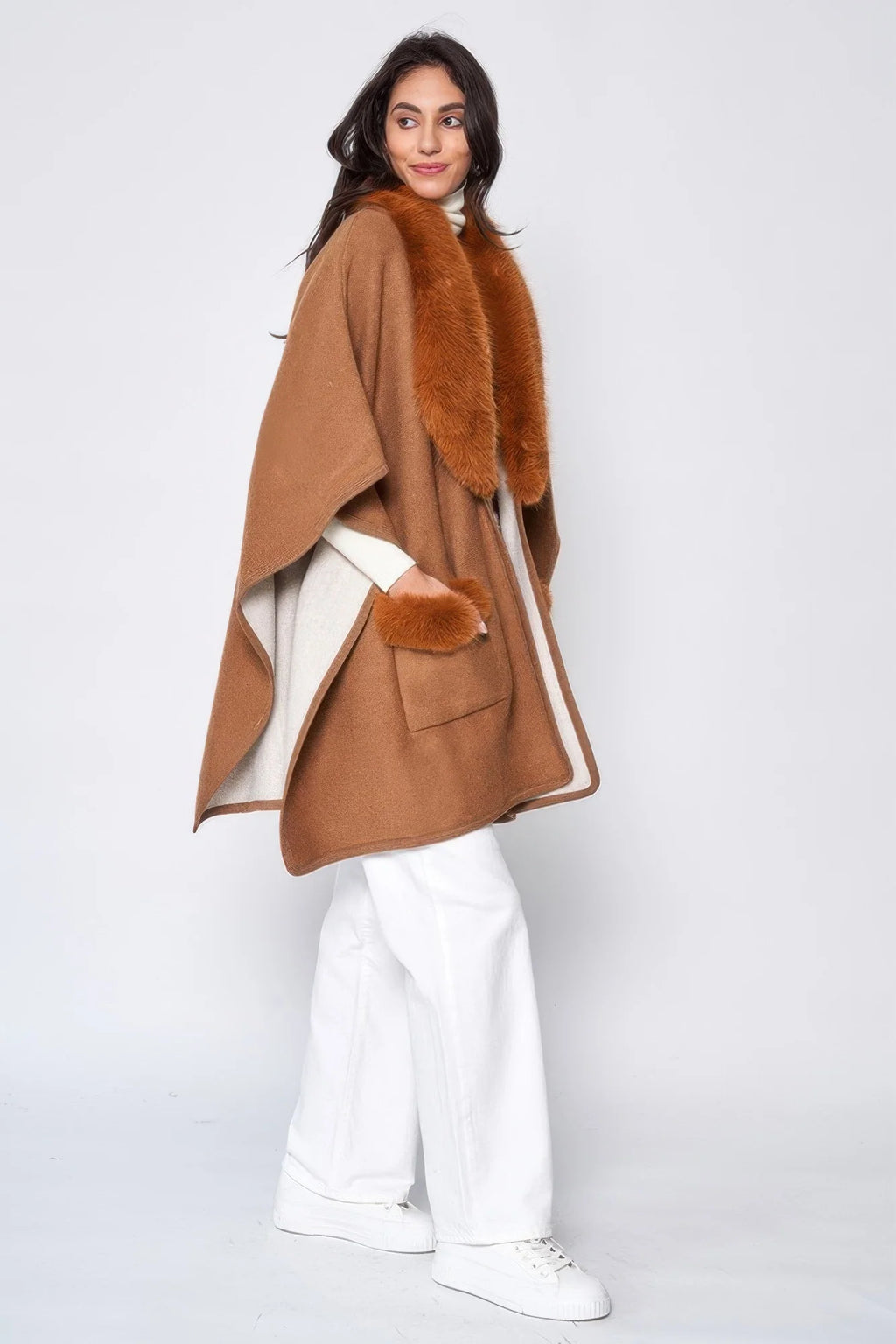 Faux Fur Collar Kimono Wrap – Camel or Gray – image 2