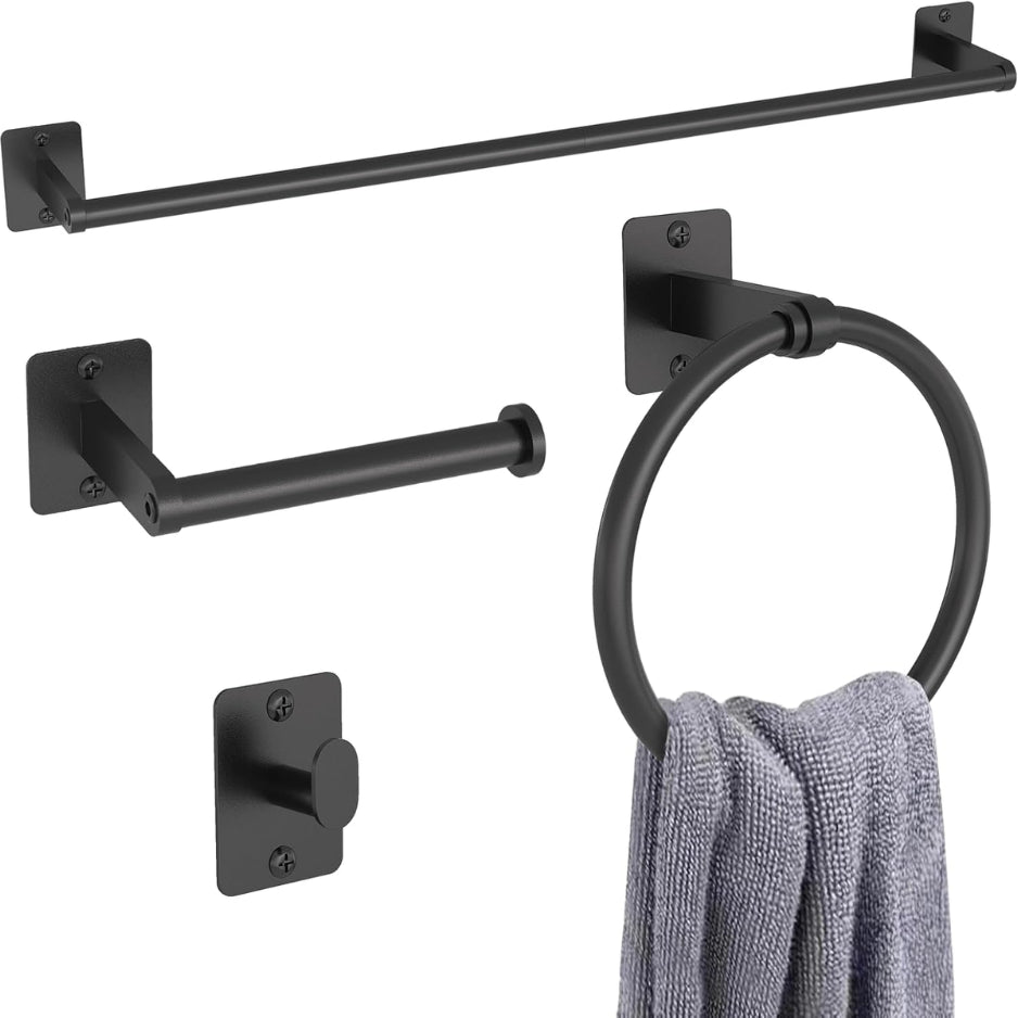 Bathroom Hardware Set 4-Piece, Matte Black 24 in Towel Bar