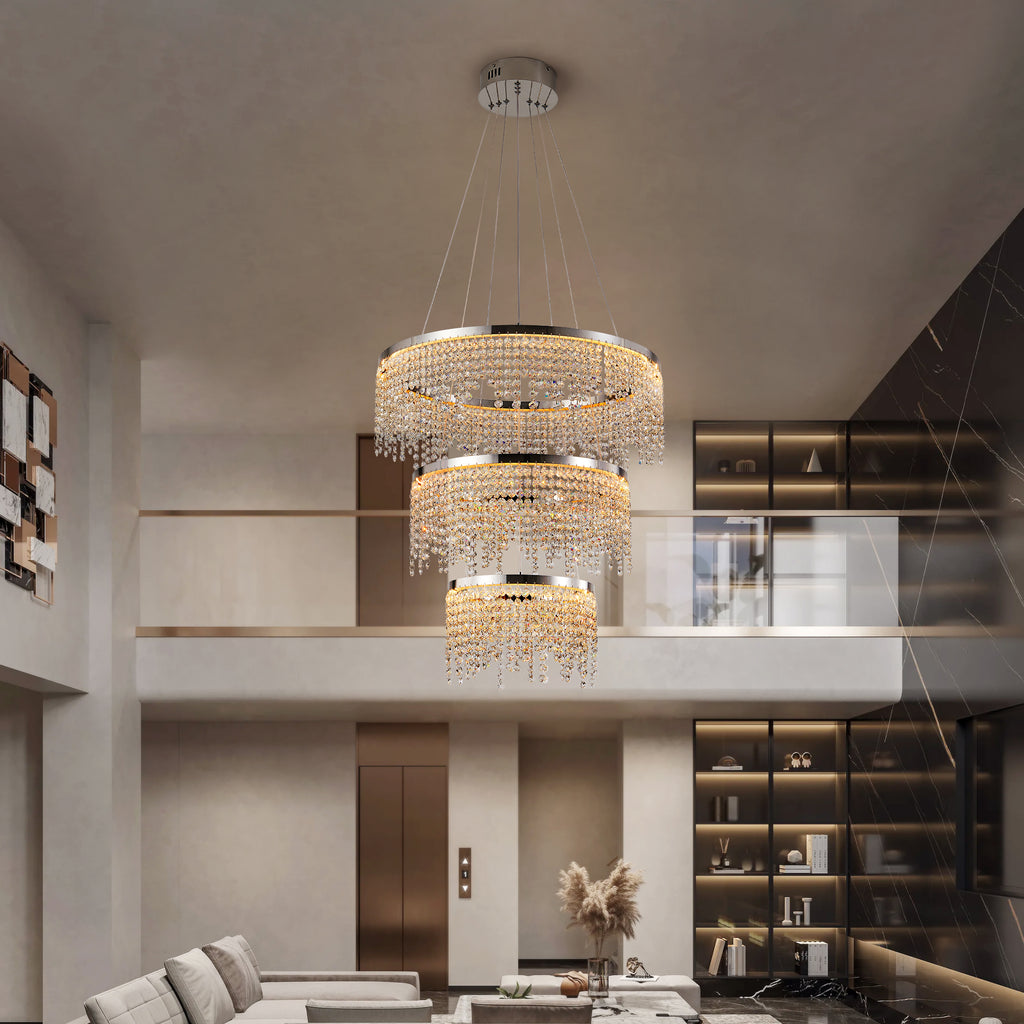 24 Inch round LED Crystal Chandelier, 3-Color Temperature, Chrome