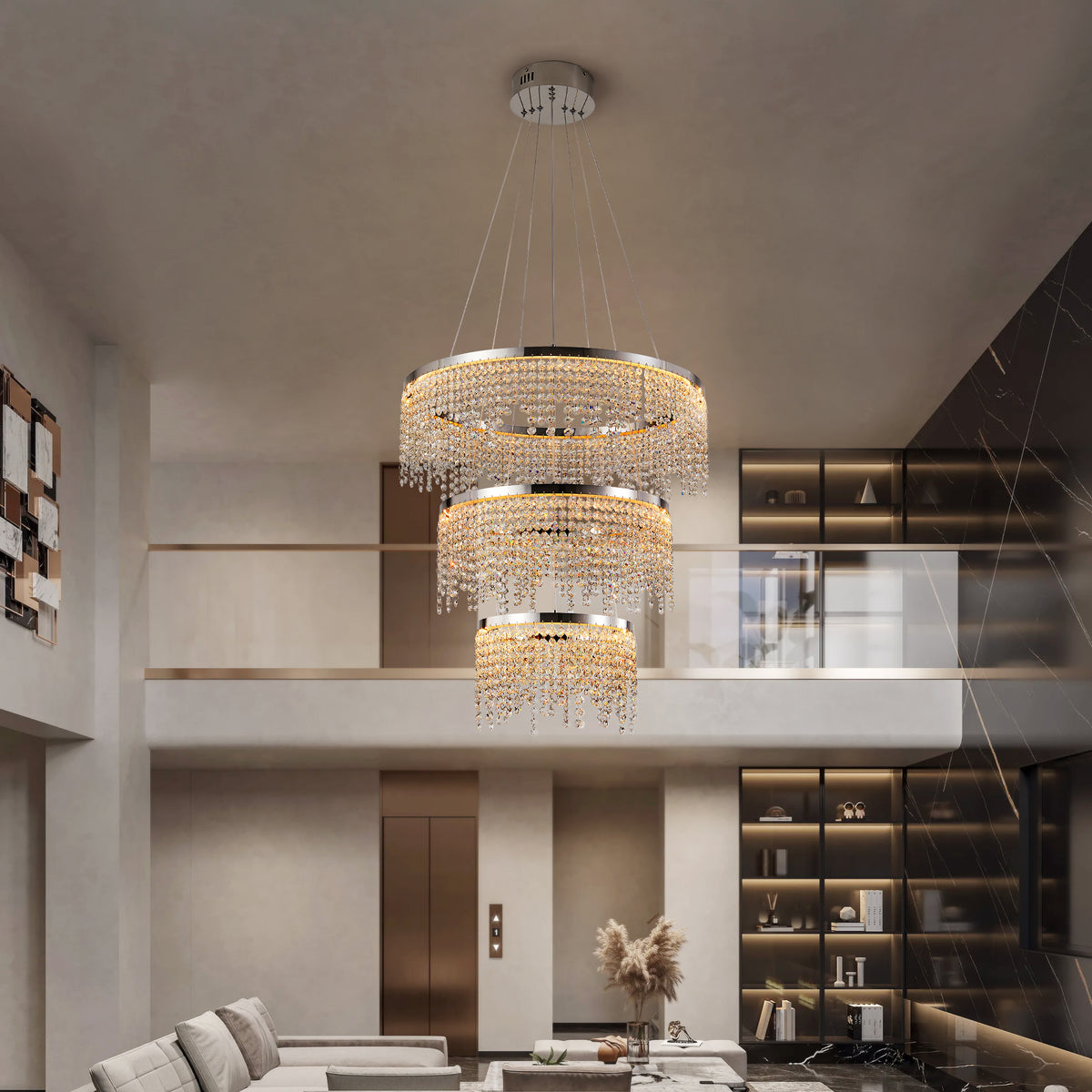 24 Inch round LED Crystal Chandelier, 3-Color Temperature, Chrome