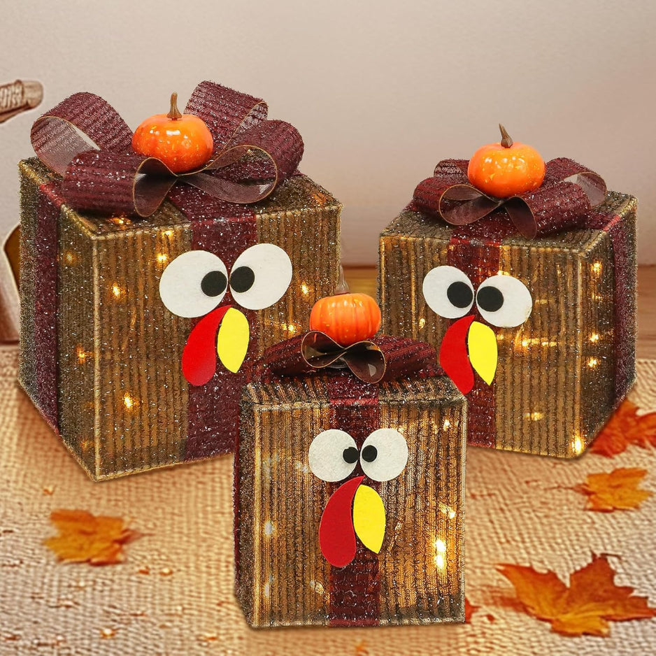 Lighted Thanksgiving Turkey Gift Boxes, Set of 3 with Timer