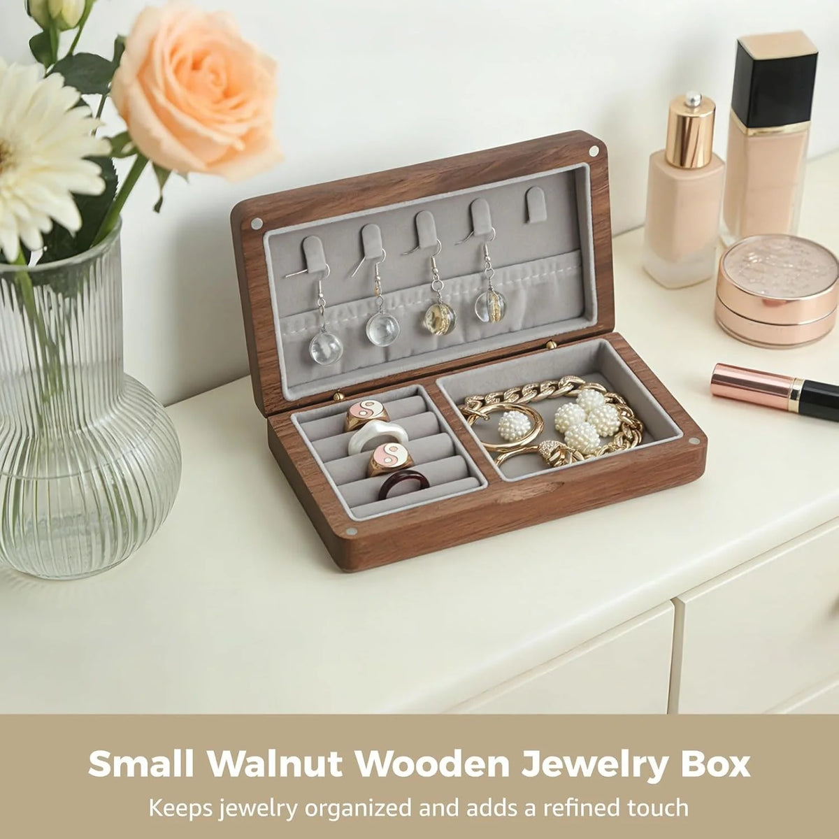 Travel Jewelry Box, Small Walnut Wood Organizer with Velvet Lining – image 6