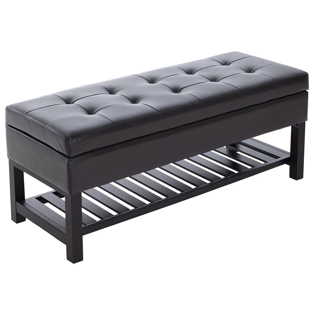 Tufted Storage Ottoman Shoe Bench 44 in, Faux Leather, Brown – image 2