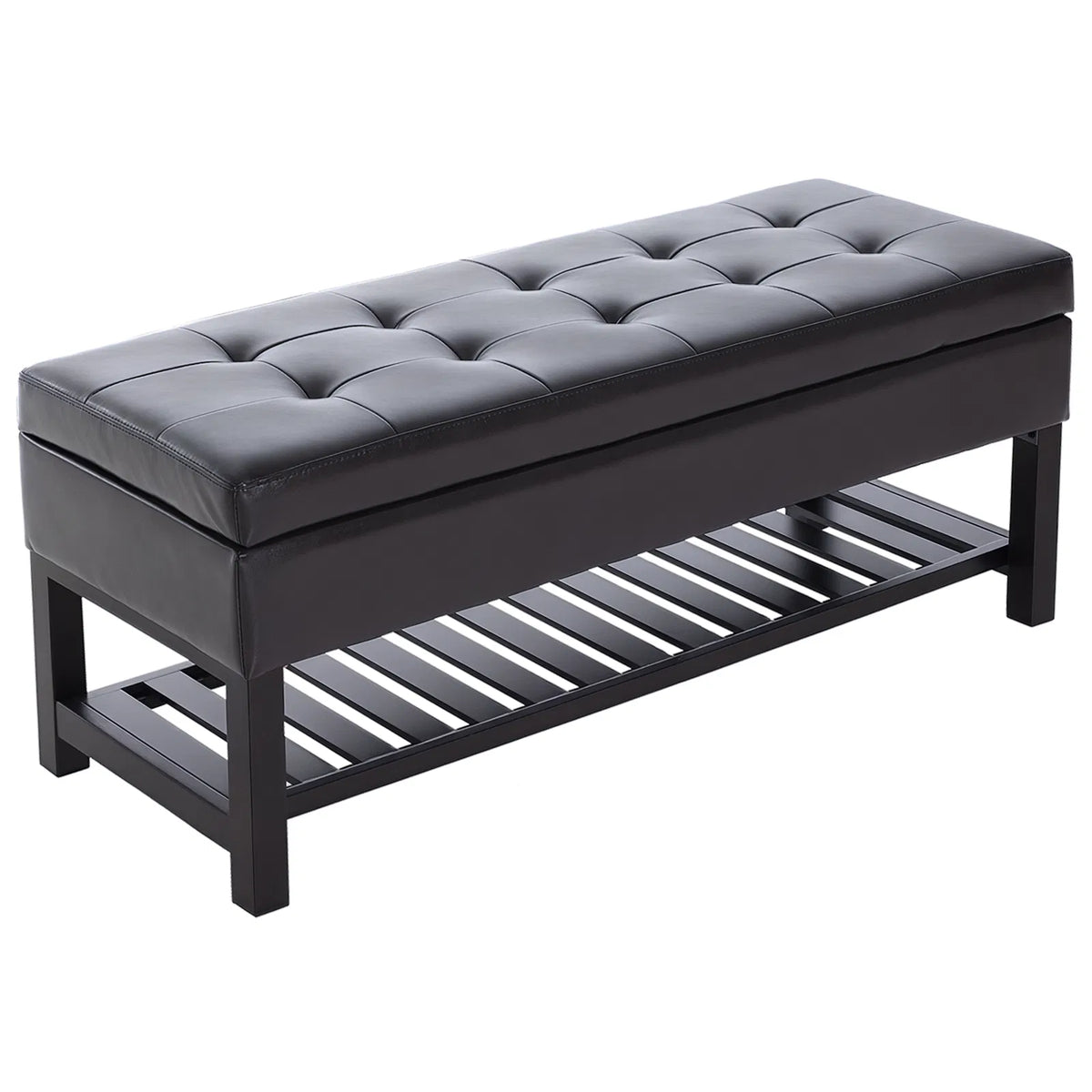 Tufted Storage Ottoman Shoe Bench 44 in, Faux Leather, Brown – image 2