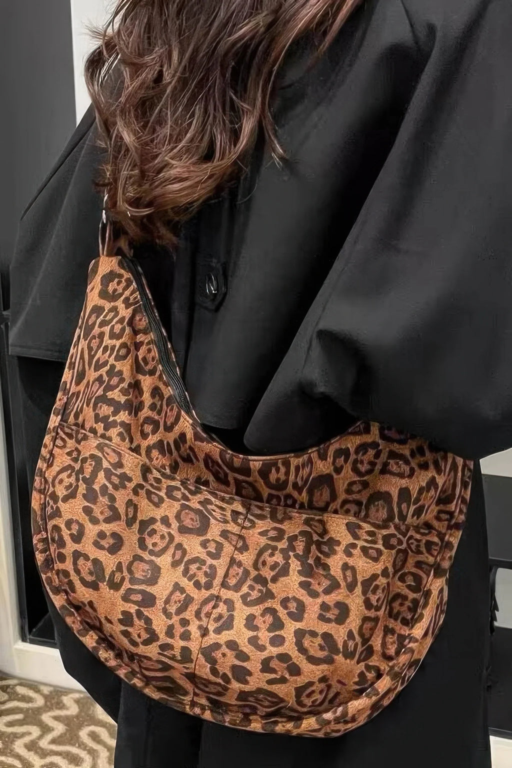 Leopard Crossbody Bag – Faux Suede Shoulder Bag with Double Pockets – image 2
